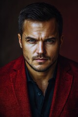 Obraz premium Man in a red blazer gazing intensely with a serious expression against a dark background during a studio session