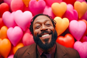 Valentine's day greeting from man or for man: impressive dazzling, image of loving black midlife man. Love confession. Commercial ad visual idea. Valentine's couple. Loving husband. Man love.