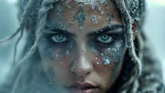 Close-up of a Slavic-looking woman with braided hair and warrior-like makeup, resembling an ancient Celtic warrior or shaman, in a snowy winter landscape