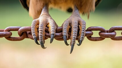 Close-up of bird talons gripping a rusty chain, sharp claws and rough texture are visible.