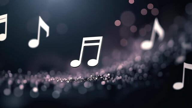 Silver musical notes on blurred black background, Silver musical notes floating on a dark abstract background