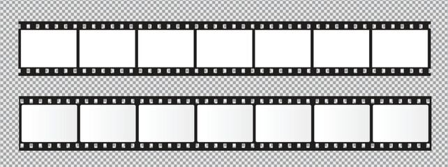 Cinema Film strips reel templates. Retro film strip frame element isolated on transparent background. Video or movie film vintage analog cinema, photograph camera. Abstract vector illustration
