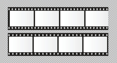 Cinema Film strips reel templates. Retro film strip frame element isolated on transparent background. Video or movie film vintage analog cinema, photograph camera. Abstract vector illustration
