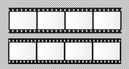 Cinema Film strips reel templates. Retro film strip frame element isolated on transparent background. Video or movie film vintage analog cinema, photograph camera. Abstract vector illustration
