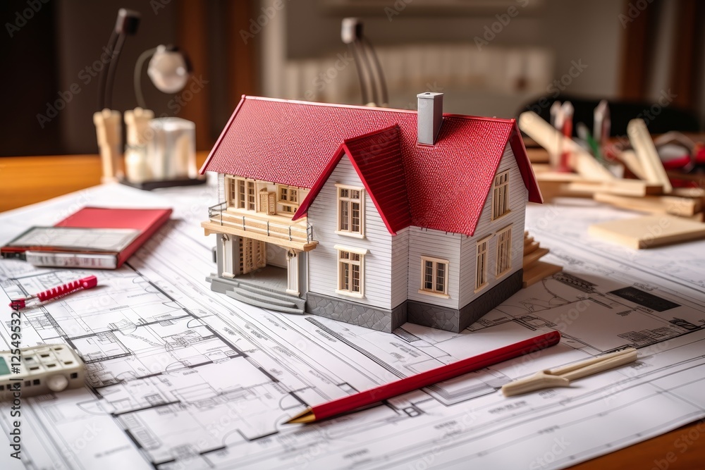 Poster miniature house model on blueprints with architectural tools in red and white color scheme