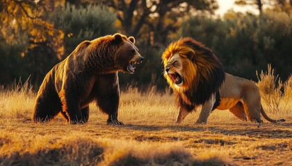 Dramatic face off between a grizzly bear and a lion in a sunlit grassland setting