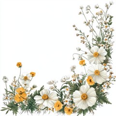 Fototapeta premium Elegant Floral Corner Arrangement with White and Yellow Blooms, Delicate Green Leaves, and Soft Background