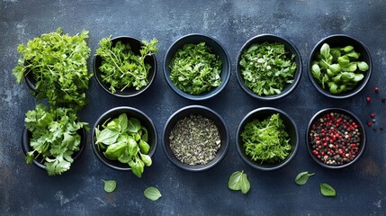 A variety of fresh herbs displayed in bowls, ideal for cooking and garnishing dishes.
