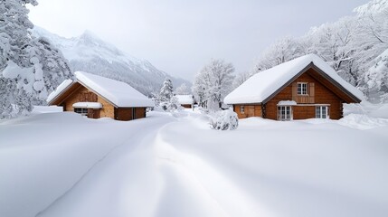 Snowy mountain chalets, winter wonderland, peaceful scene