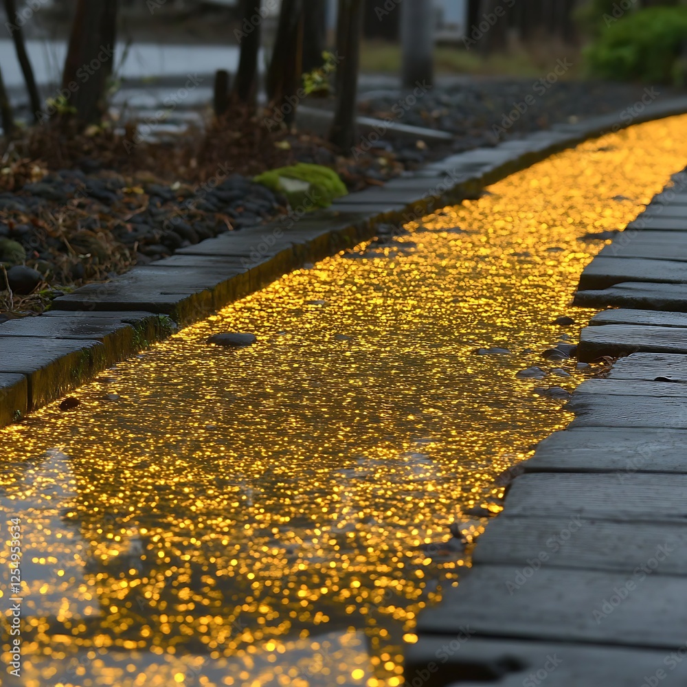 Poster enchanting luminous water stream flowing between stone paths creating a dreamlike pathway in garden