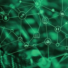 Smart home network, IoT devices, connected technology, blurred background, tech illustration