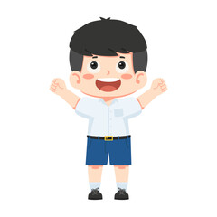 A cheerful schoolboy lifting his arms in delight