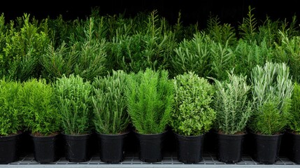 Evergreen shrubs in pots at garden center