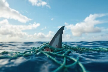 Fototapeta premium Shark fin trapped in fishing net, ocean plastic pollution, blue water, cloudy sky.
