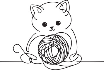 Simple Line Drawing of Cat and Wool Ball