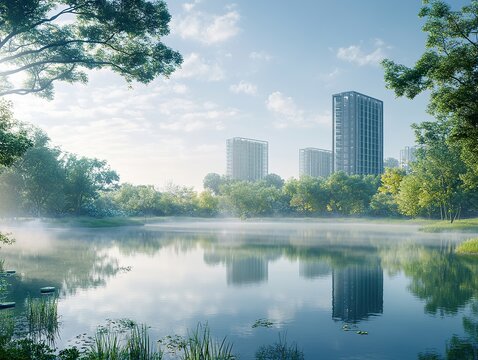 Public park with haze floating above a lake, reflecting the image in the water
