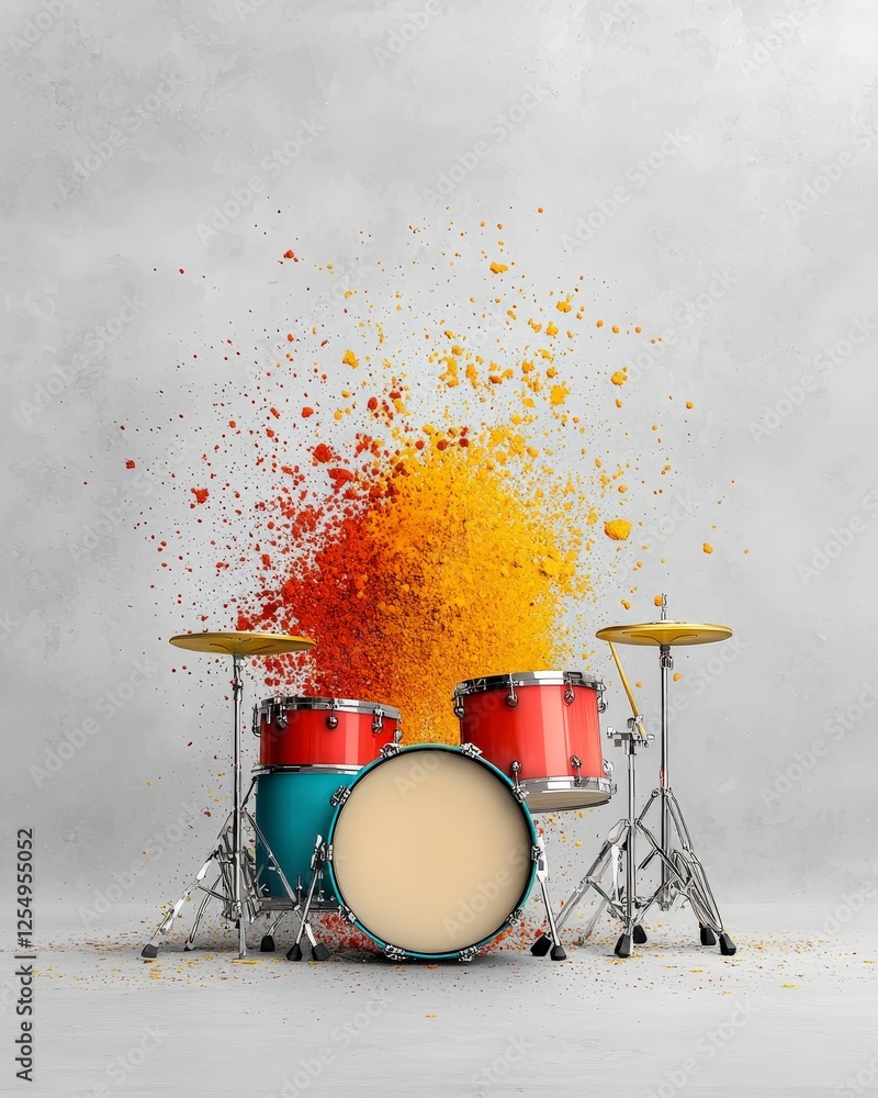 Poster dynamic drum set exploding with colorful paint splashes in creative music and art composition for ba