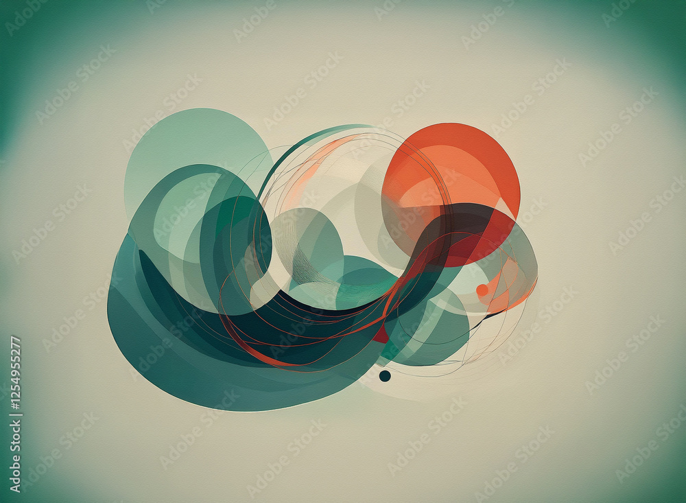 Poster abstract design with flowing teal and orange shapes over a light background. overlapping and curved 