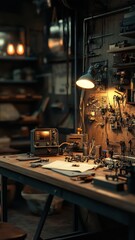 Vintage electronics workshop with tools and components on a wooden desk