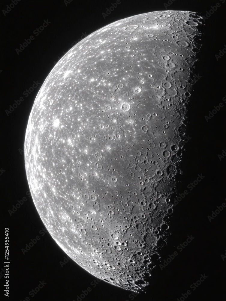 Poster detailed view of mercury surface showing craters and texture against a black background
