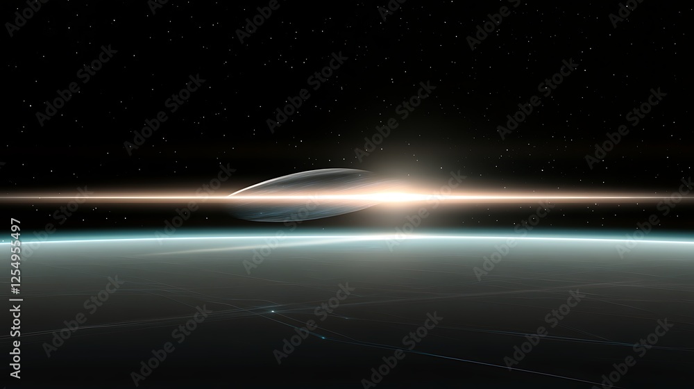 Poster enigmatic celestial encounter craft orbiting distant planet unveiling cosmic splendor and solar halo