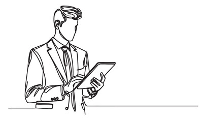 continuous one single line art doodle drawing of businessman holding document illustration
