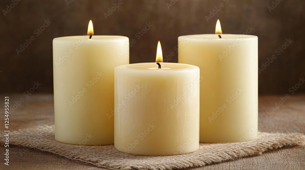 Poster three lit candles on burlap fabric creating warm and inviting atmosphere for relaxation