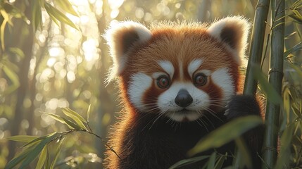 Obraz premium Playful Red Panda Climbing Through Bamboo Stalks with Curious Expression in Wildlife Habitat