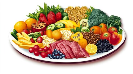 Nutritious plate filled with fruits, vegetables, whole grains, and lean proteins