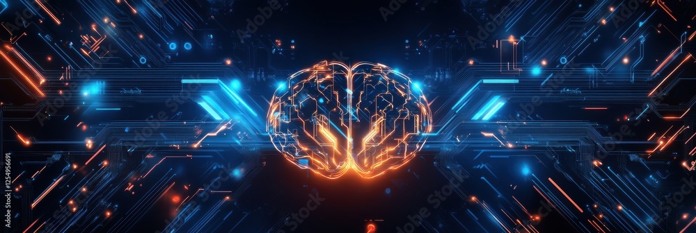 Poster Abstract digital brain design showcasing glowing circuits and intricate wires in a futuristic setting. Generative AI