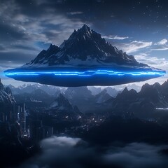 Enigmatic Flying Saucer Hovering Over Majestic Mountains With a Futuristic City in the Distance