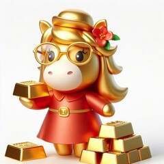 Fototapeta premium a cute Golden Pony Wealth Mascot in red dress, Gold Bars, Rich, Cute, Lucky, Chinese New Year