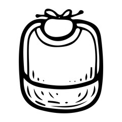 Bib with pocket for baby. Hand drawn doodle. Breastplate. Feeding a small child. Textile item with ties. Childhood. Vector line art illustration.