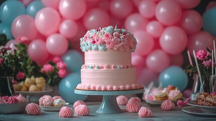 Pastel Themed Birthday Setup with Towering Cake and Elegant Table Settings