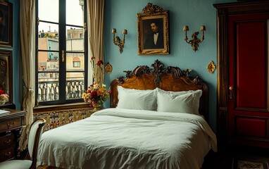 Elegant bedroom with antique furniture, large window, and city view.