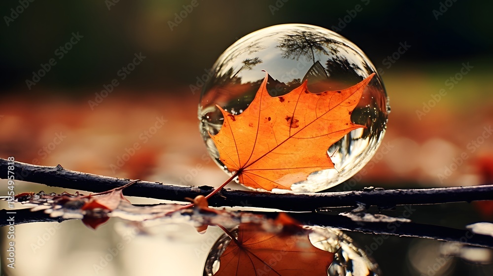 Poster a single raindrop hitting a cracked glass pane creating beautiful reflections and patterns of light 