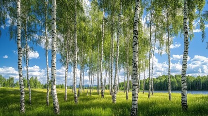Stunning summer landscape of birch trees by the river under a blue sky with clouds in russia