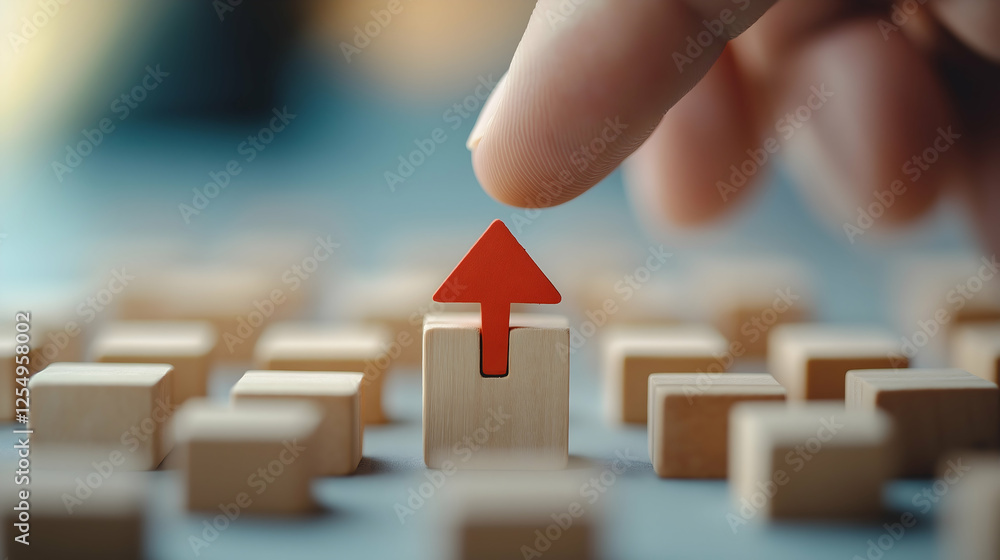 Aufkleber a finger points at a wooden block with a red upward arrow, symbolizing progress, growth, or decision