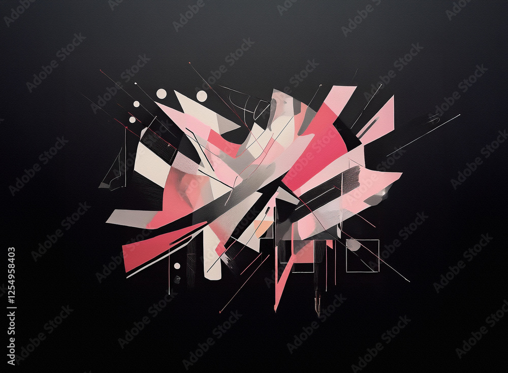 Poster abstract geometric composition with sharp pink, white, and black shapes against a dark background, c