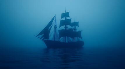 Enigmatic Sailing Ship Navigating Through A Misty Blue Ocean on a Mysterious Deep Sea Journey