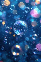 Bubbles floating in a blue background with colorful lights creating a magical atmosphere