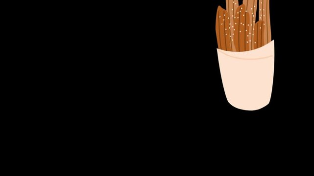 Homemade Spanish churros with sugar and cinnamon animation
