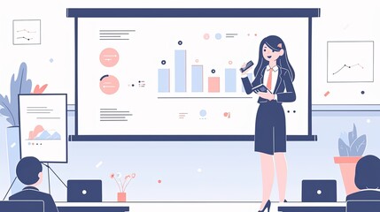 Businesswoman presenting analytical data during a professional meeting in a modern office.