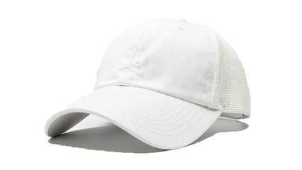 Fototapeta premium White baseball cap with mesh, isolated on white background, copy space, space for your text