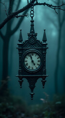 Antique Clock Hanging in Misty Forest: Gothic Timepiece, Dark Academia Aesthetic, Atmospheric Nature Photography, Vintage Style, Eerie Scene