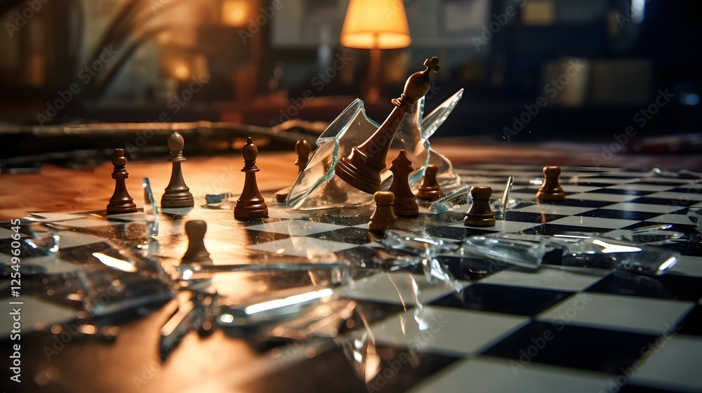 Aufkleber a glass chessboard shattering as a chess piece lands on it symbolizing the fragility of strategy the