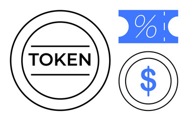 Cryptocurrency token labeled TOKEN, a dollar sign within a circle, and a blue percentage discount coupon. Ideal for finance, e-commerce, blockchain, digital transactions, online rewards, savings