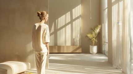 Employee working in an office with minimalist decor and neutral tones 