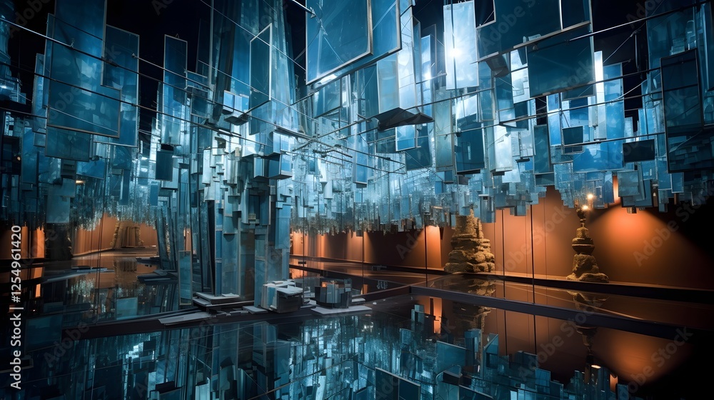 Poster fragmented mirror wall shattering into a thousand pieces reflecting a kaleidoscope of varied perspec