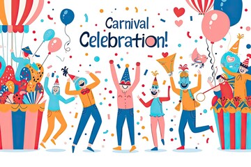 Carnival party poster featuring a collage of vibrant costumes masks musical
